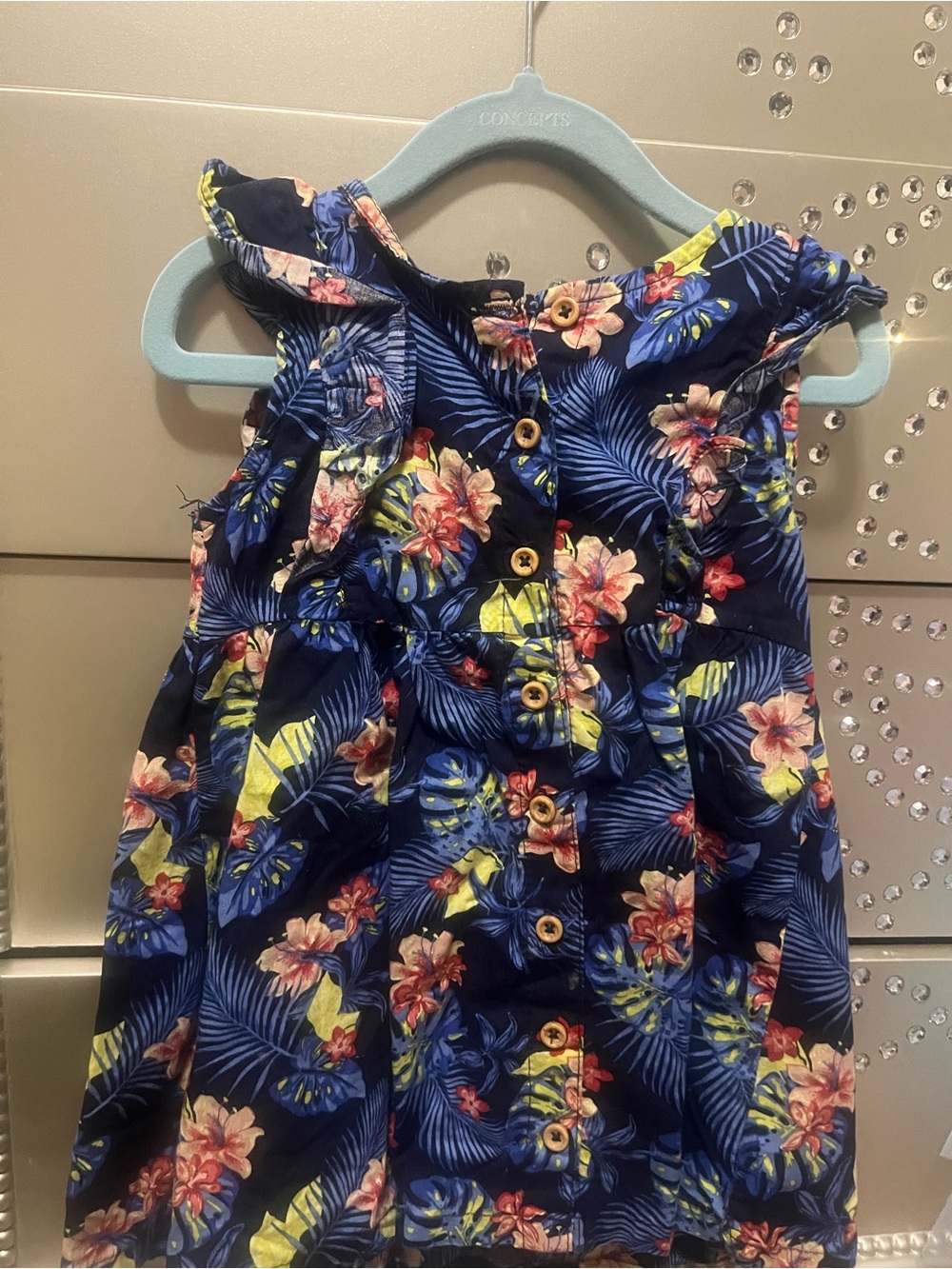 Girls Navy Floral Ruffle-Shoulder Button Front Top